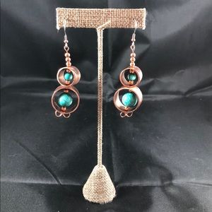 Brushed Copper Turquoise Dangle Earrings B-11-49